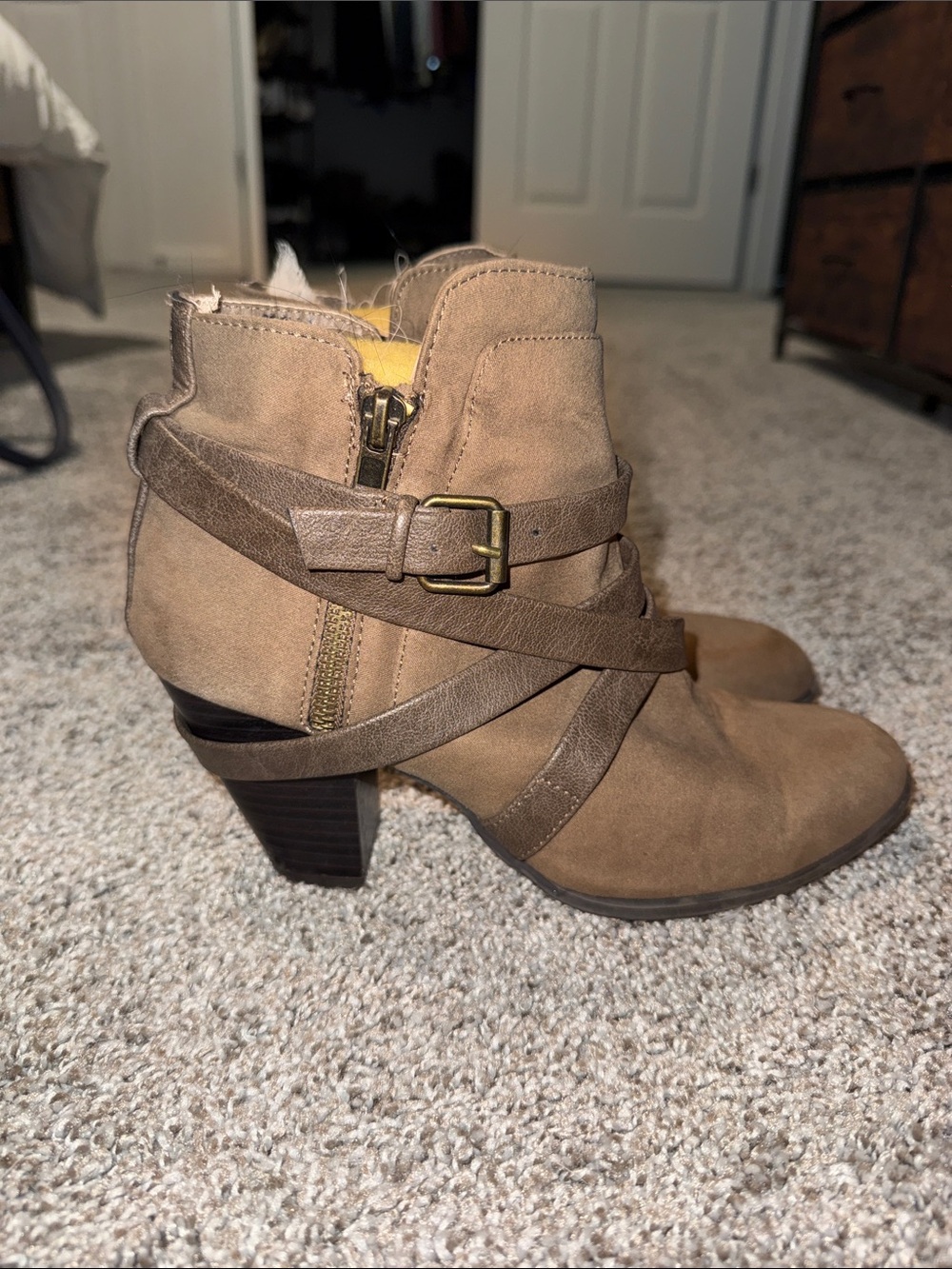 Women’s Taupe Suede Ankle Boot with Strap Detail
